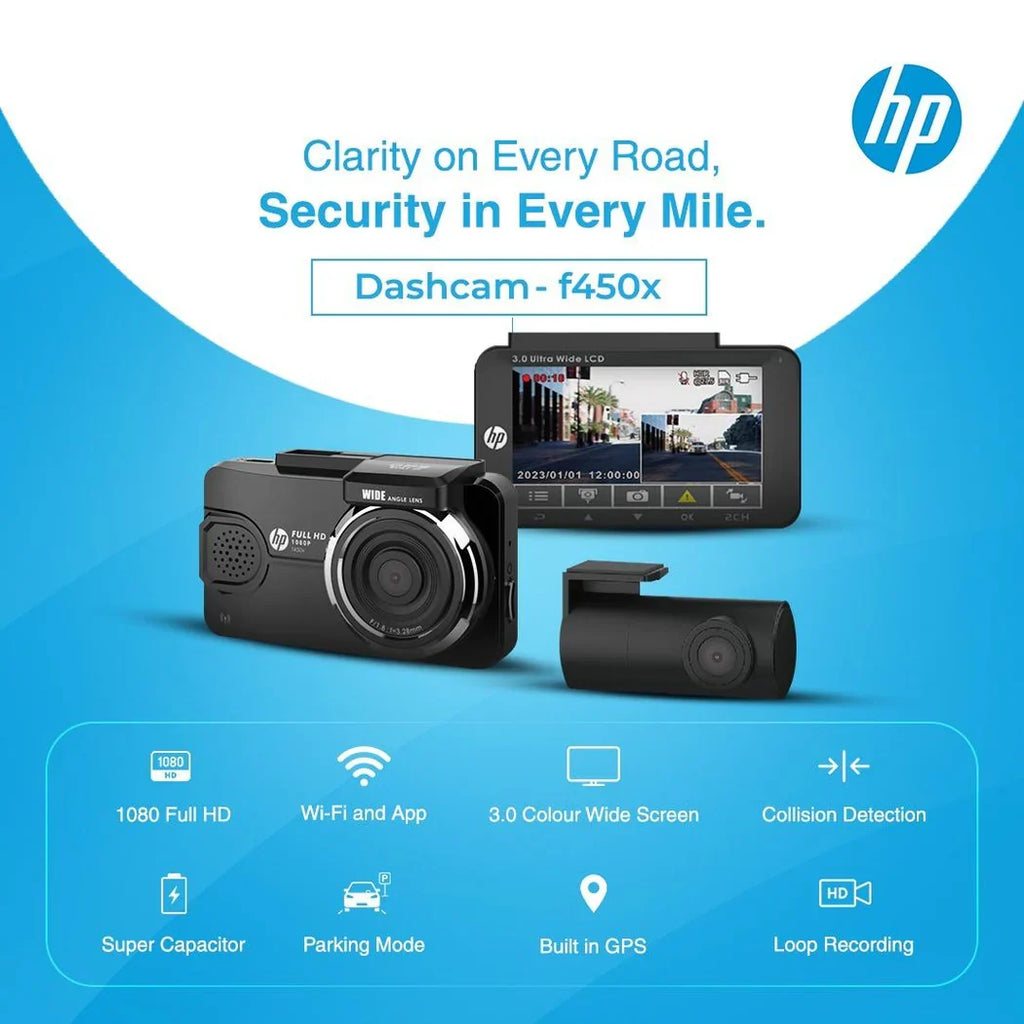 HP Dash Cam f450x (FULL HD- 1080P RECORDING  WITH GPS & WI-FI  INCLUDES FRONT & REAR CAMERA)